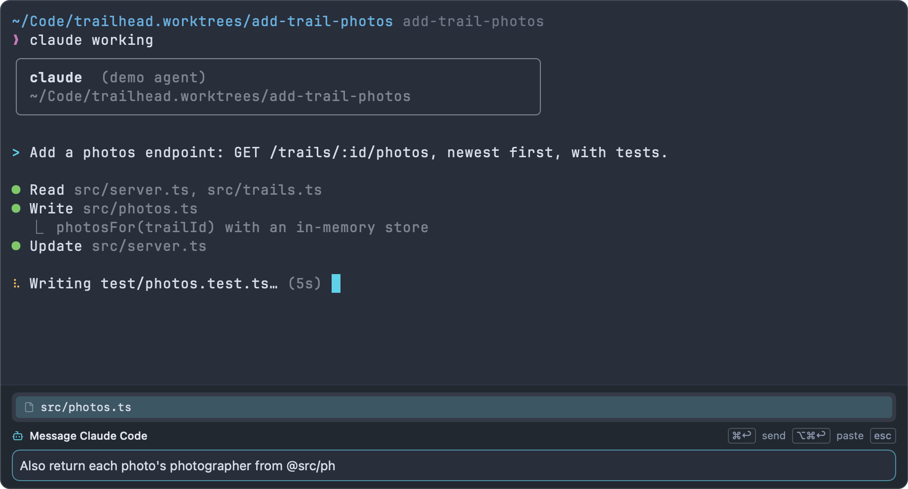 The composer under a Claude Code terminal, headed "Message Claude Code", with a draft ending in "@src/ph" and the @ mention list above it showing src/photos.ts