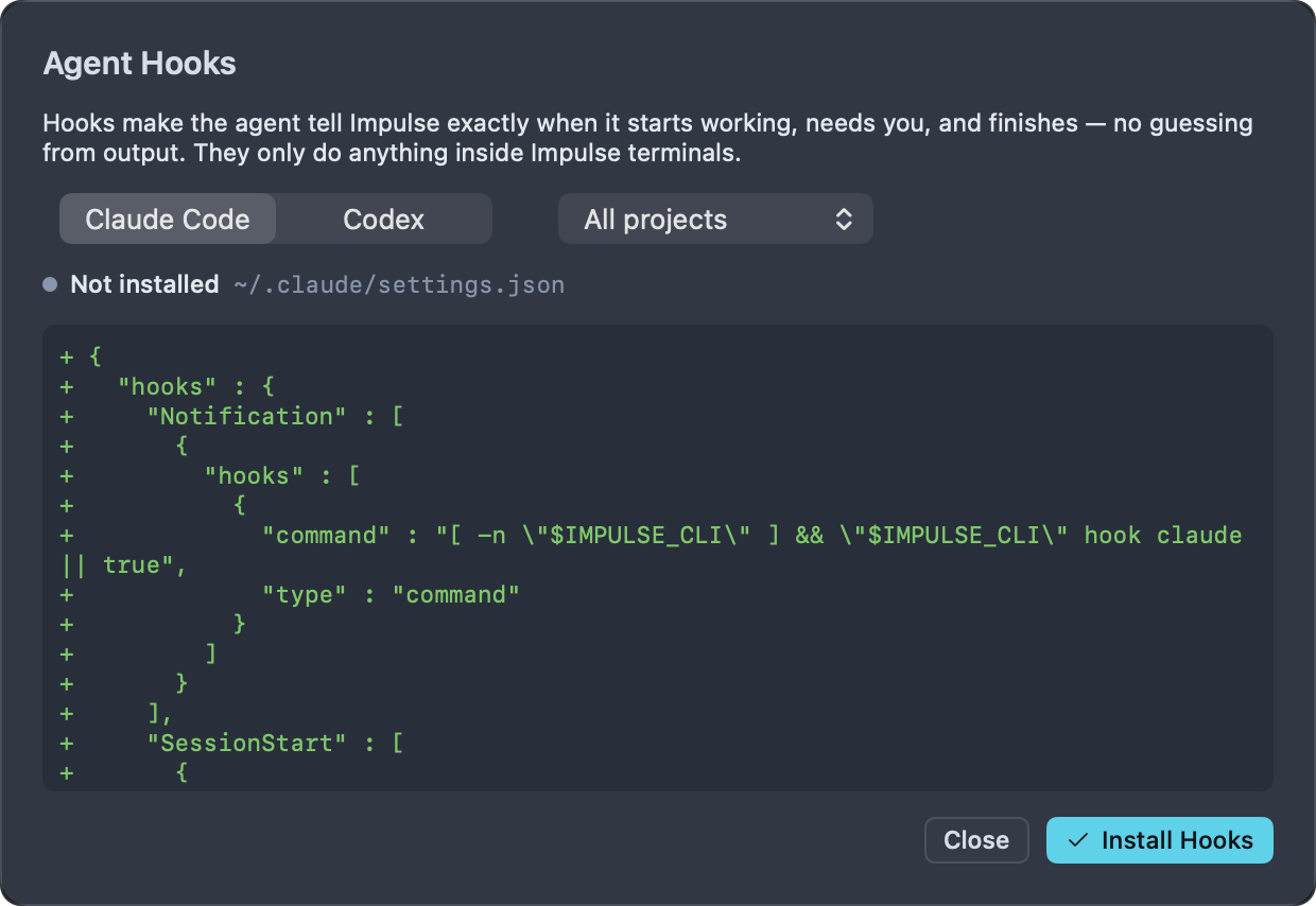 The Agent Hooks sheet with Claude Code and "All projects" selected, "Not installed ~/.claude/settings.json", and a preview of the lines that will be added