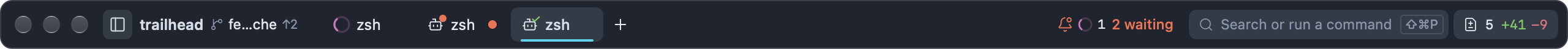 The tab strip with three agent tabs: Claude Code working (spinner), Codex needing input (bot with an orange dot) and Gemini CLI finished (bot with a green check mark)