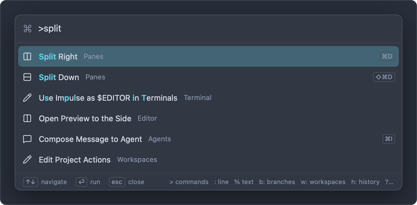 The command palette in command mode with the query "split", listing Split Right and Split Down with their shortcuts and matched letters highlighted