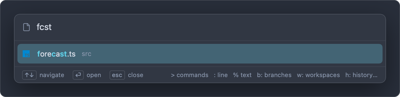 The palette in file mode with the query "fcst", showing forecast.ts in src first and other files below it