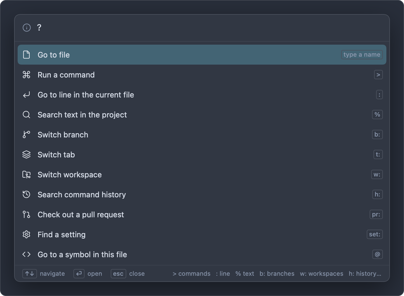 The palette in help mode listing each mode and its prefix