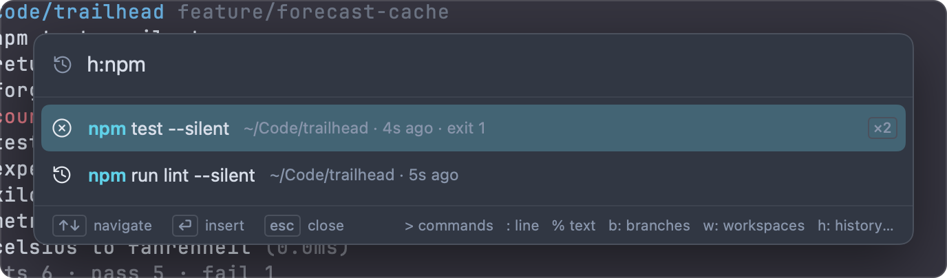 The palette in history mode with "npm": npm test --silent with a failed icon, "exit 1" and ×2 for its two runs, then npm run lint --silent