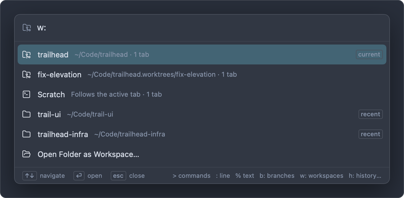 The palette in workspace mode: Scratch, trailhead (current) and fix-elevation, then the recent folders trail-ui and trailhead-infra, and Open Folder as Workspace…