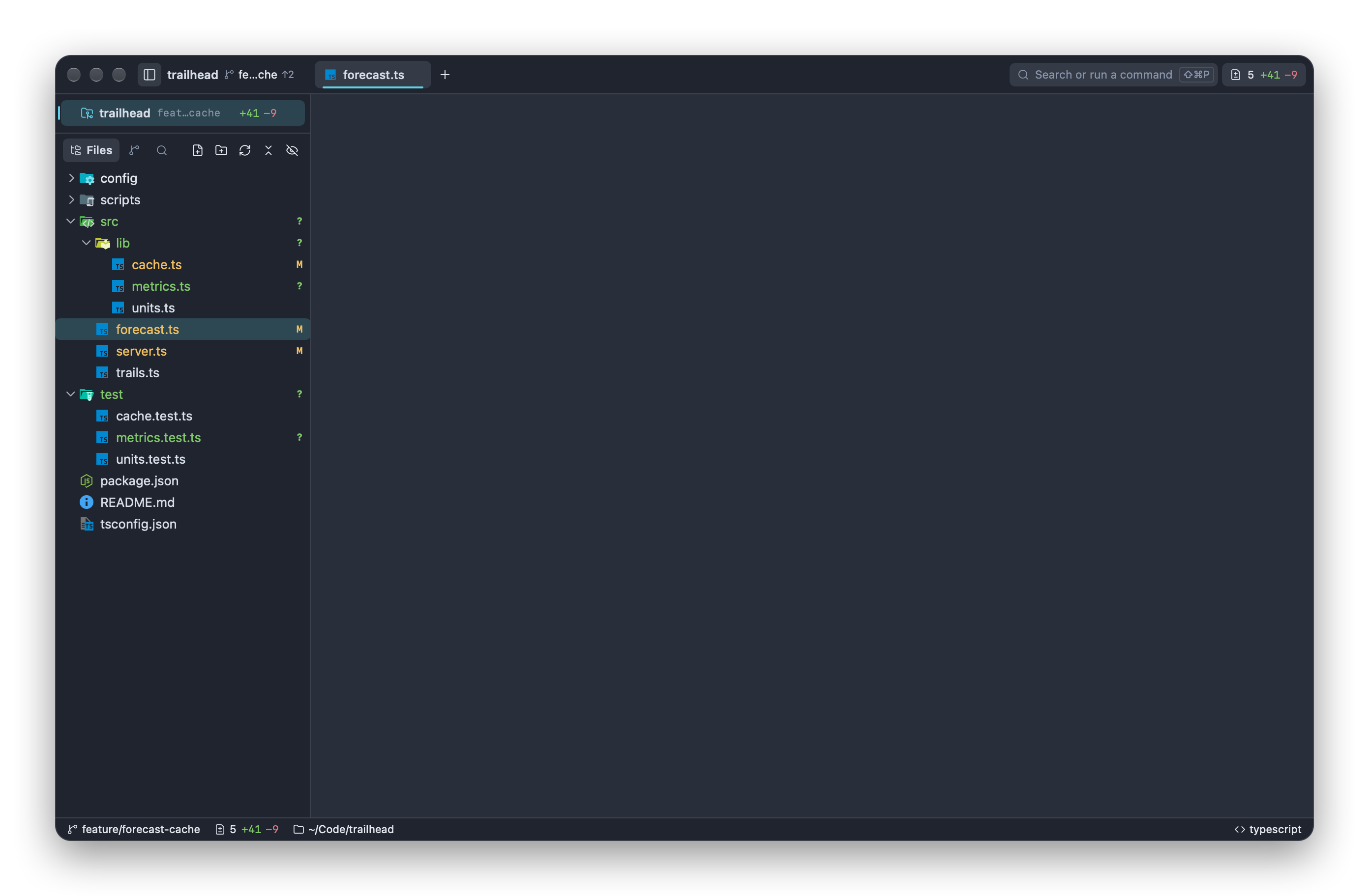 The editor with a TypeScript file open beside the file tree