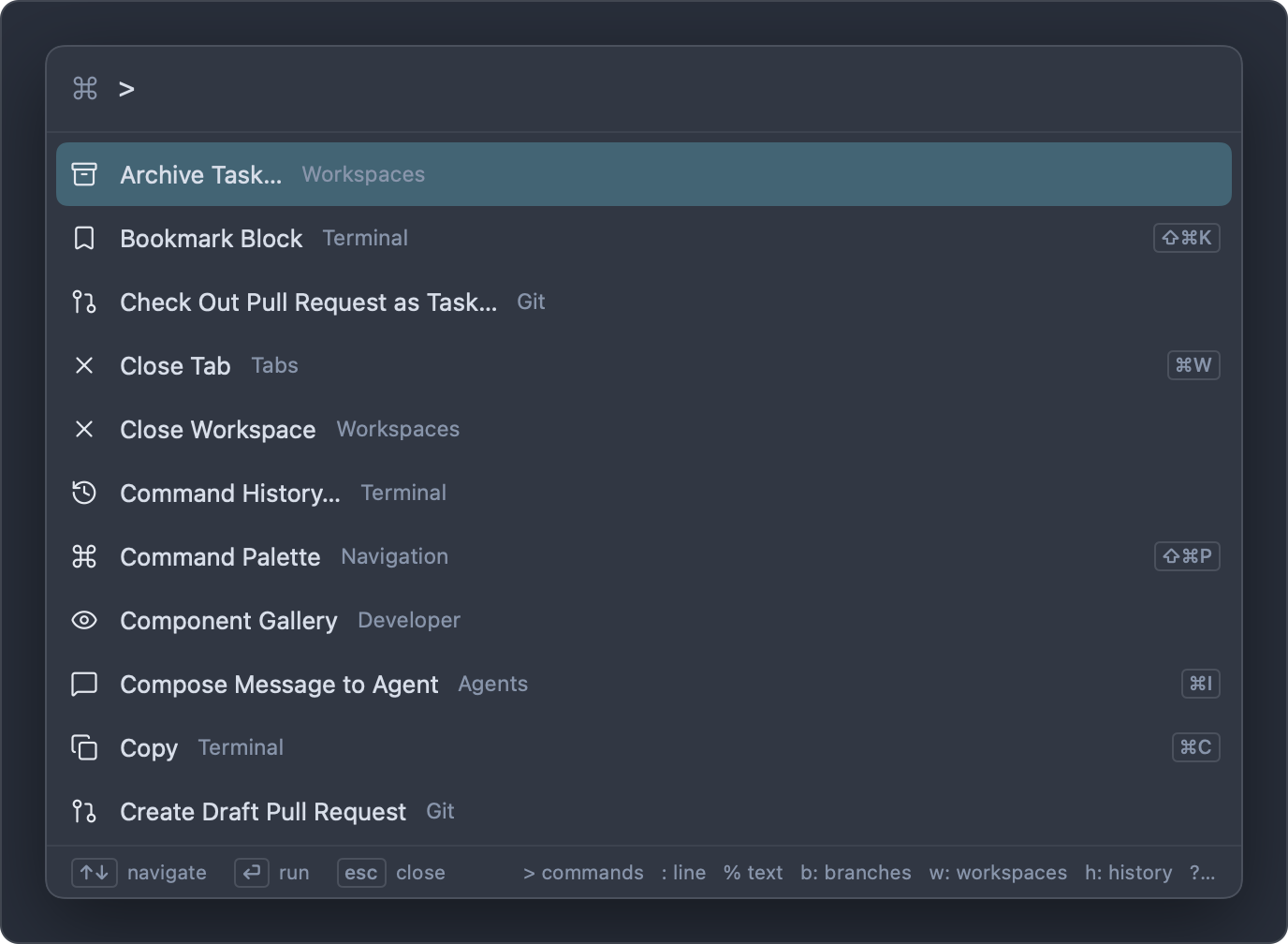 The command palette listing commands with their shortcuts on the right