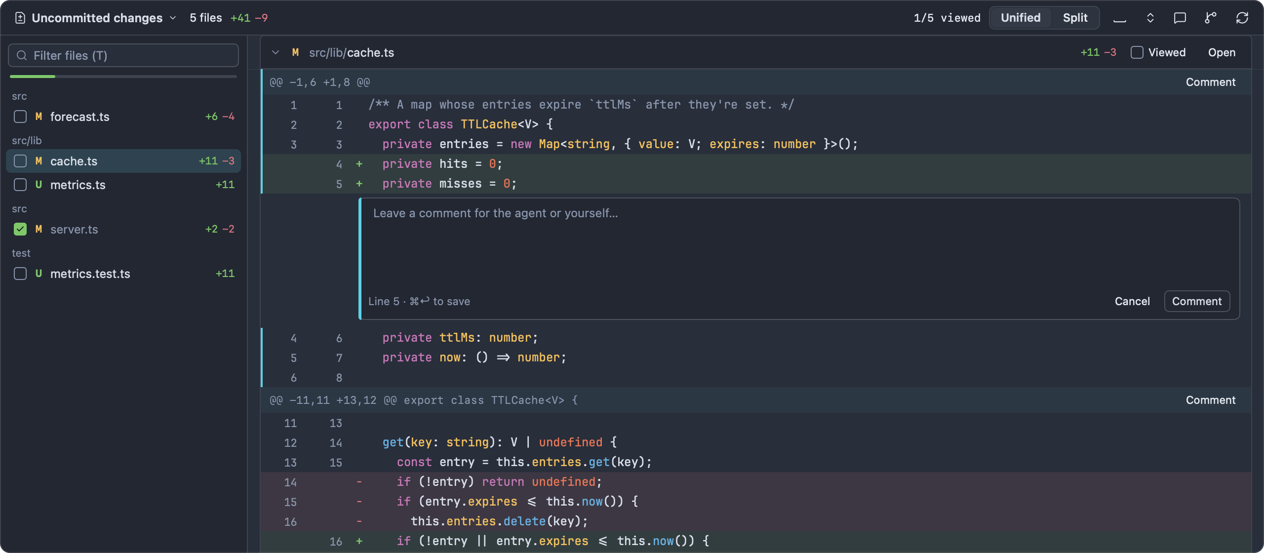 The comment composer open under a changed line of src/lib/cache.ts, with its Cancel and Comment buttons