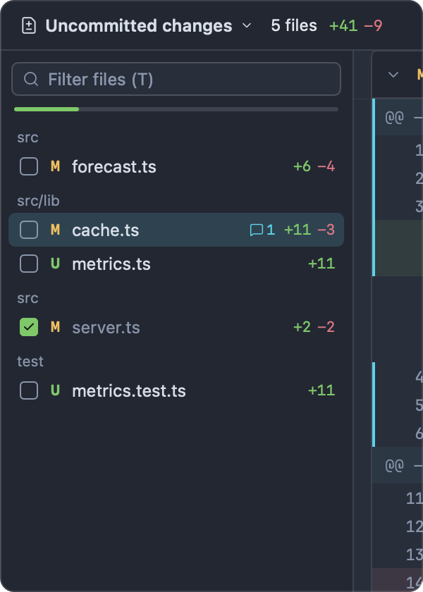 The review navigator: the filter field, the viewed progress bar, and files under src and src/lib with viewed checkboxes, status letters, comment counts and line counts