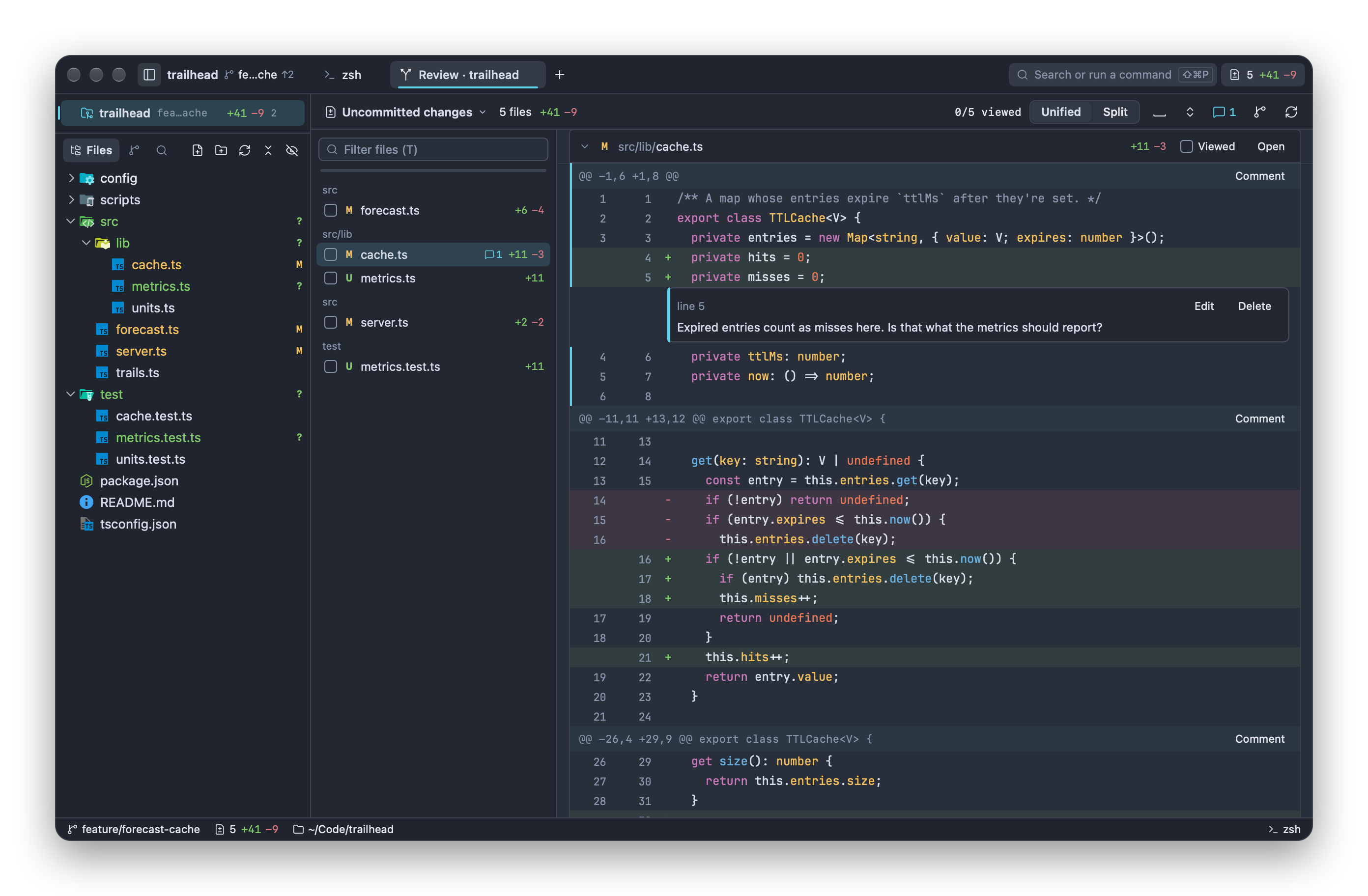 Review: a file list beside a unified diff with a comment on a line
