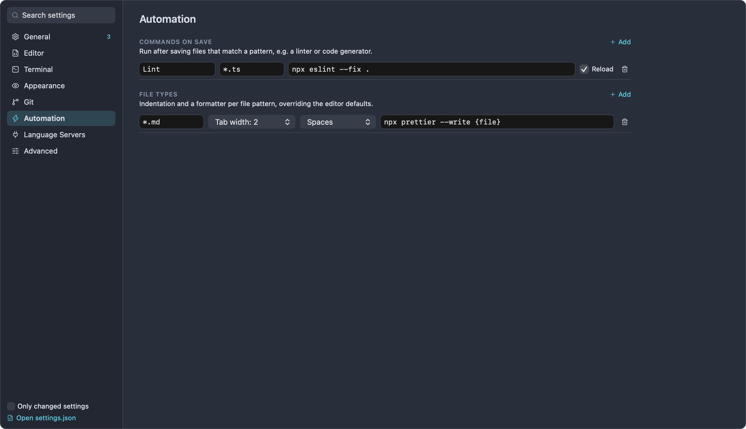 The Automation page with a command on save and a file type override