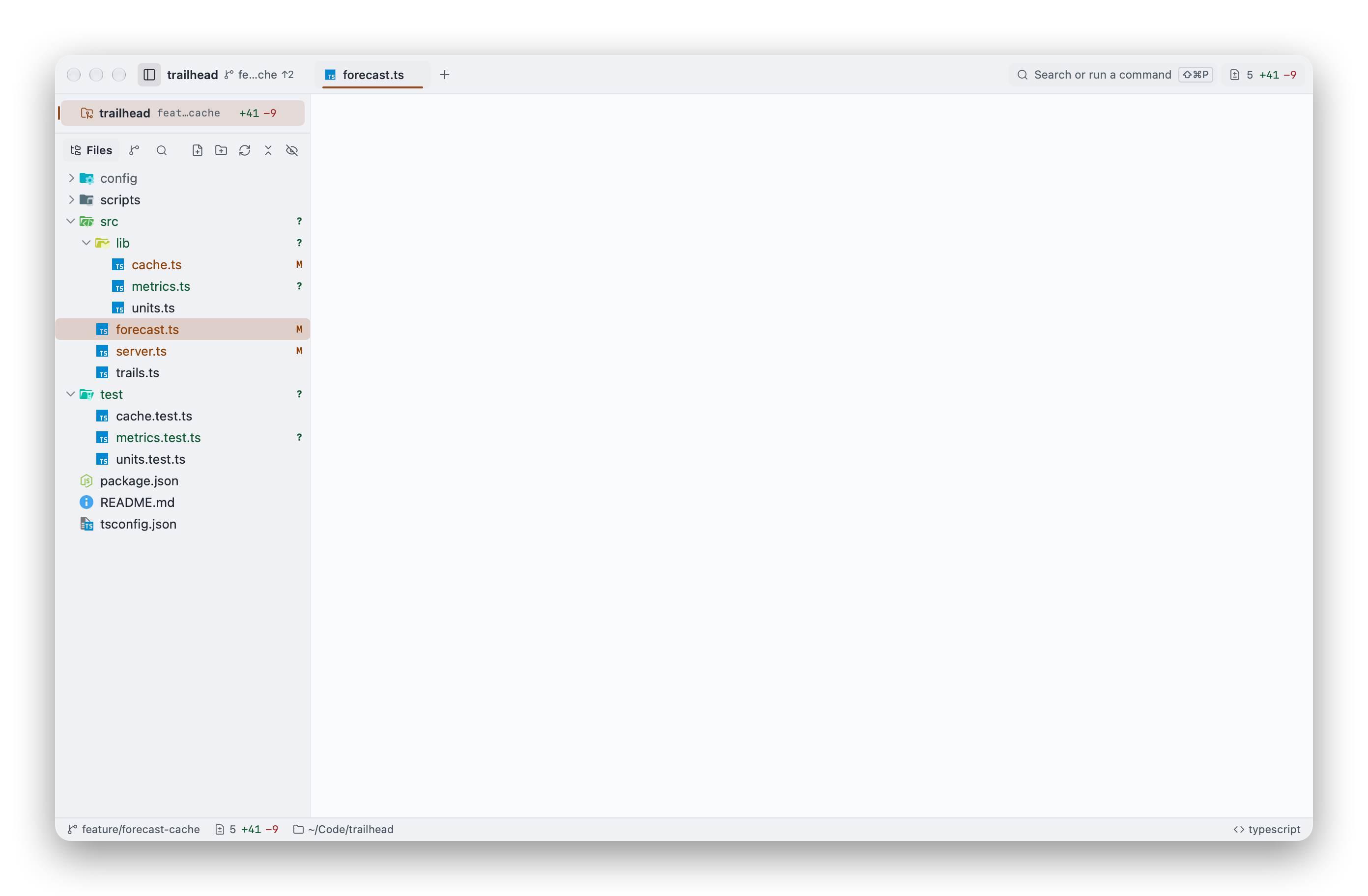Impulse in the Harbor theme: a light window with the file tree and src/forecast.ts in the editor