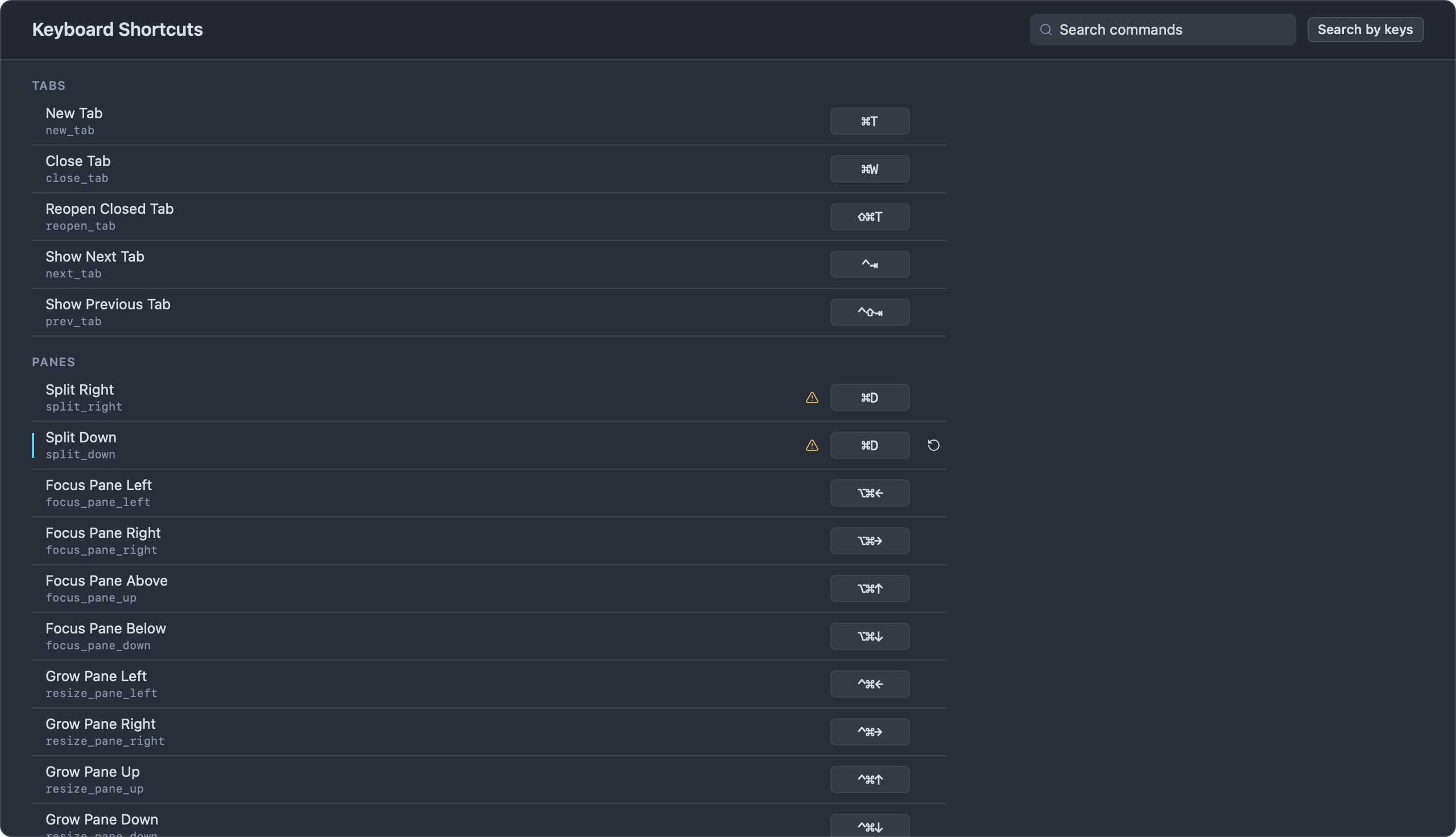 The Keyboard Shortcuts tab, with one changed shortcut and a conflict warning