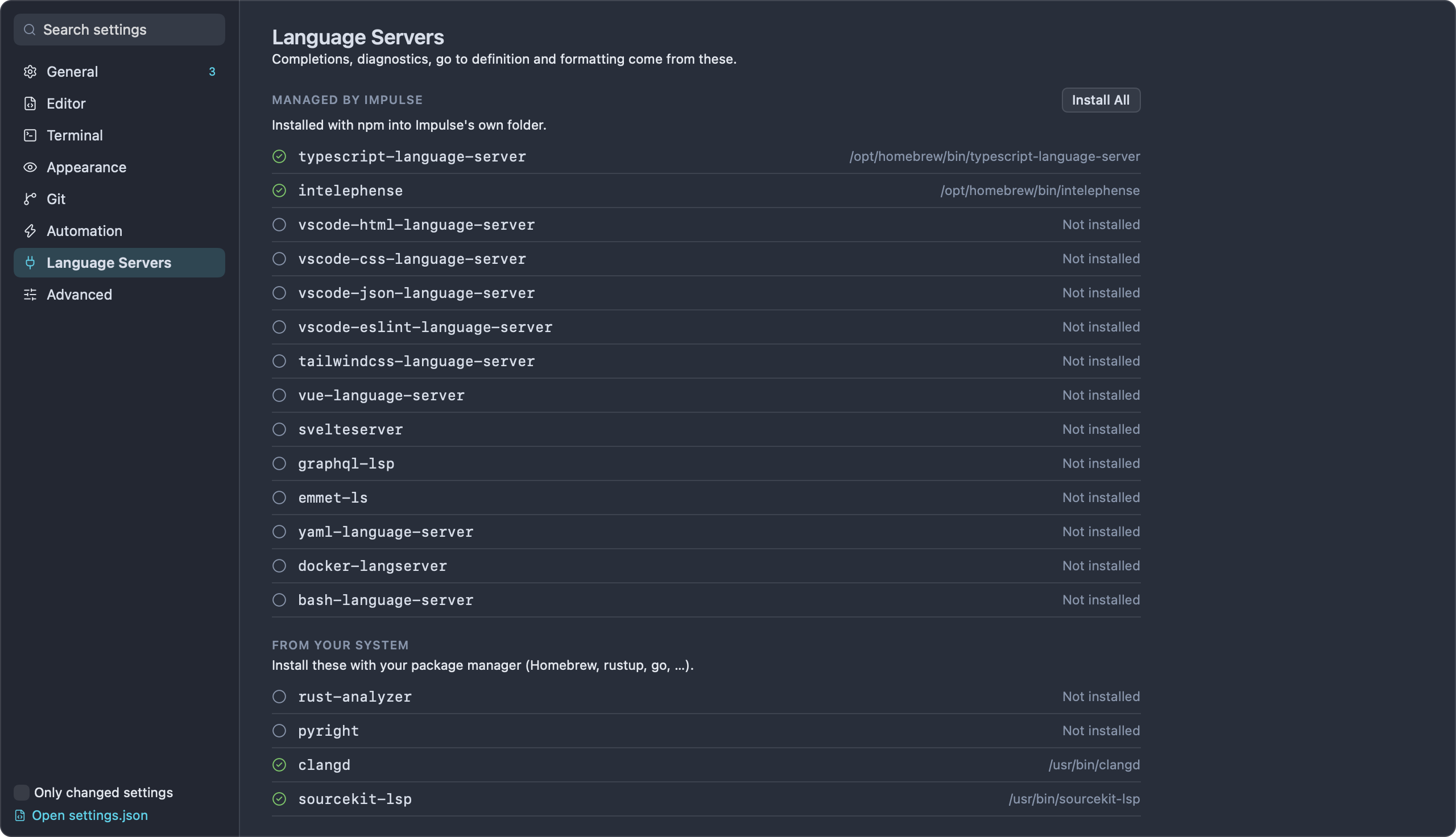 The Language Servers page, listing the servers Impulse manages and the ones from your system