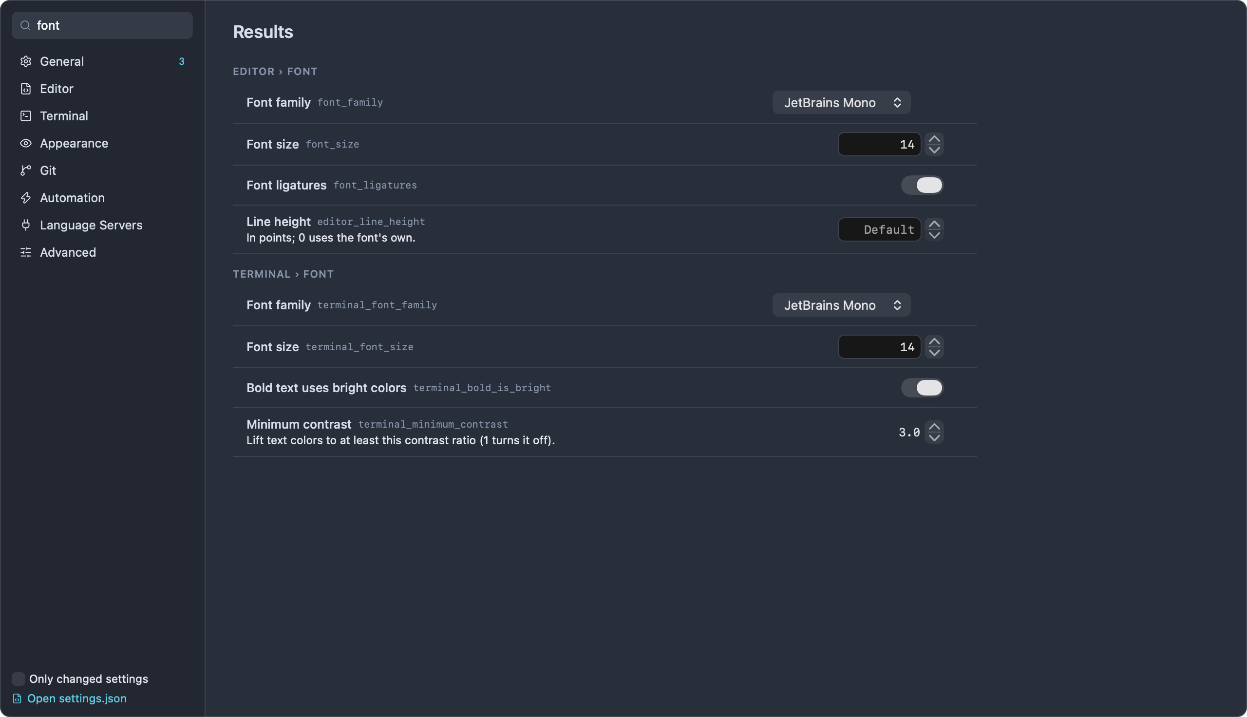Settings search results for "font", grouped by category and section
