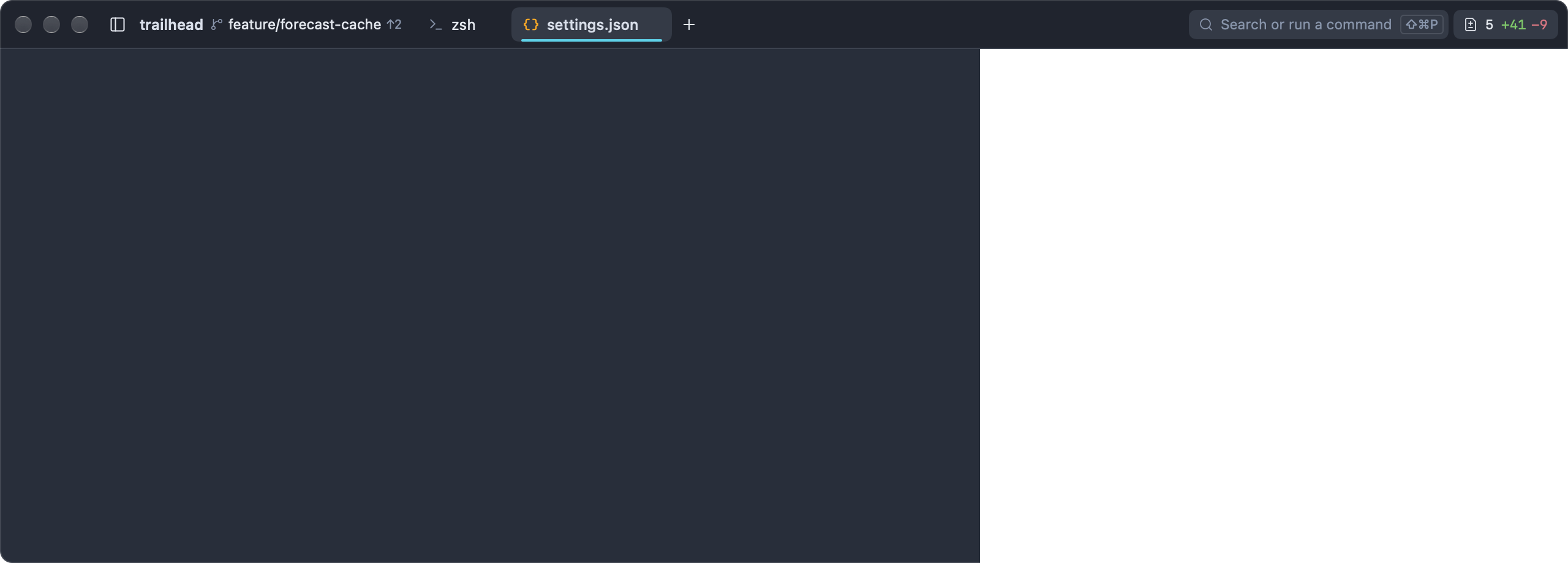 settings.json open in an editor tab: a few changed settings, including git_pull_mode and a keybinding override
