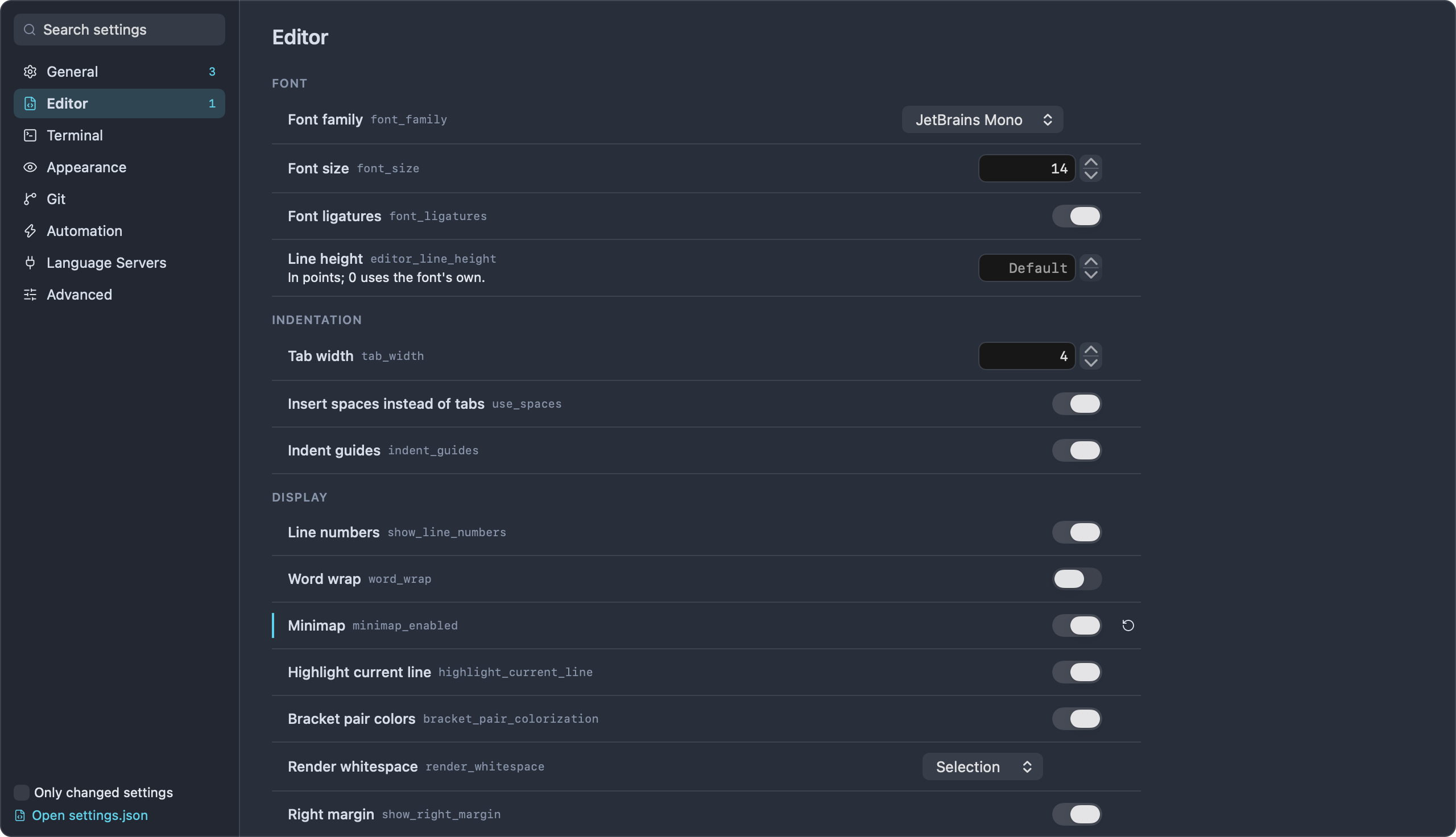 The Settings tab showing the Editor category, with the Minimap setting changed from its default