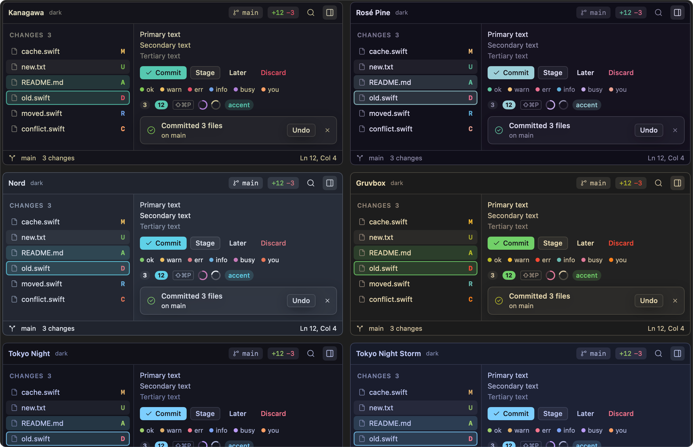 Sample window chrome for several built-in themes
