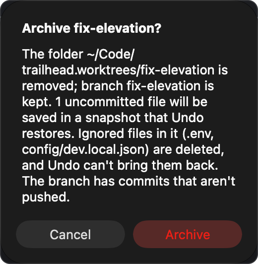The Archive confirmation for fix-elevation, saying the folder is removed and the branch is kept, with Cancel and Archive buttons