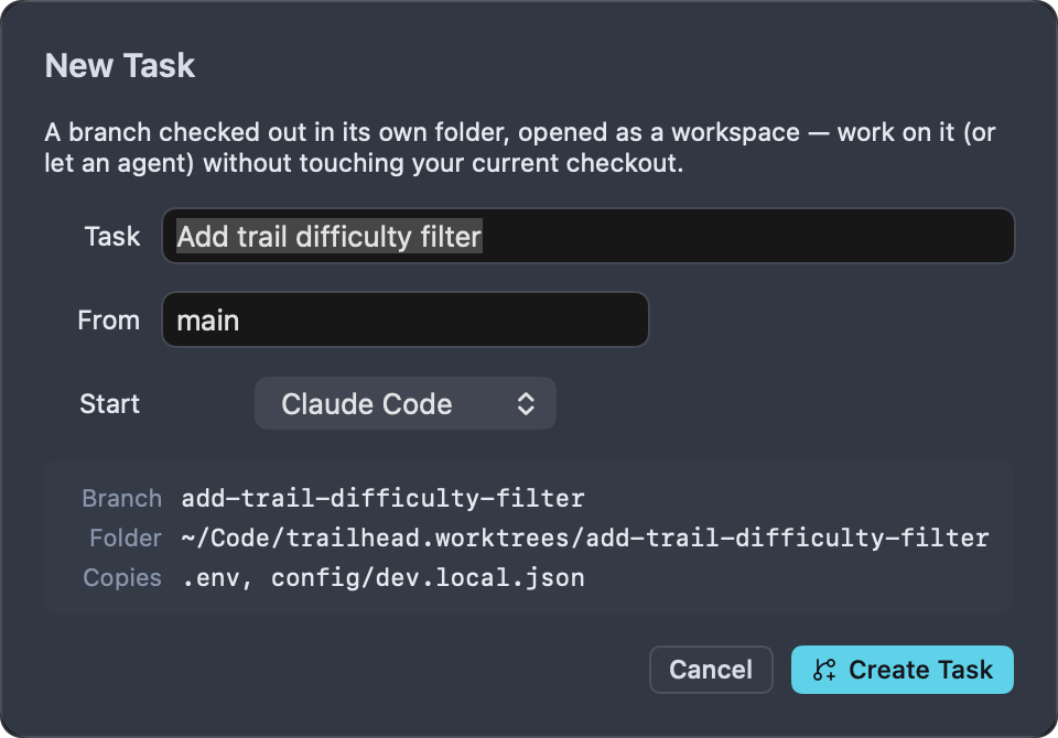 The New Task sheet with "Add trail difficulty filter" typed as the task, main as the base branch, Claude Code chosen to start, and a preview showing branch add-trail-difficulty-filter, folder ~/Code/trailhead.worktrees/add-trail-difficulty-filter, and .env and config/dev.local.json to be copied