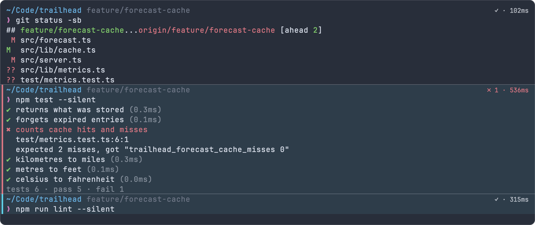 Two command blocks selected, each with an accent stripe and tint