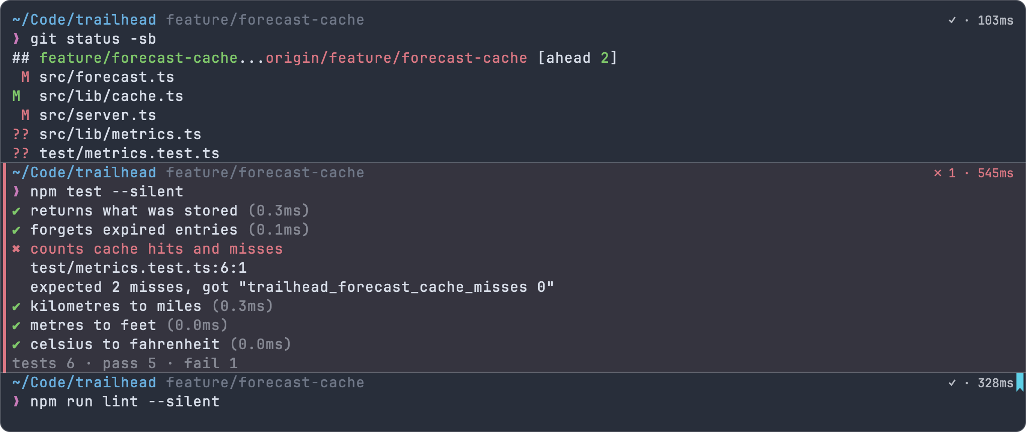 Command blocks: a successful git status with a check mark, a failed npm test with a red stripe, and a bookmarked block