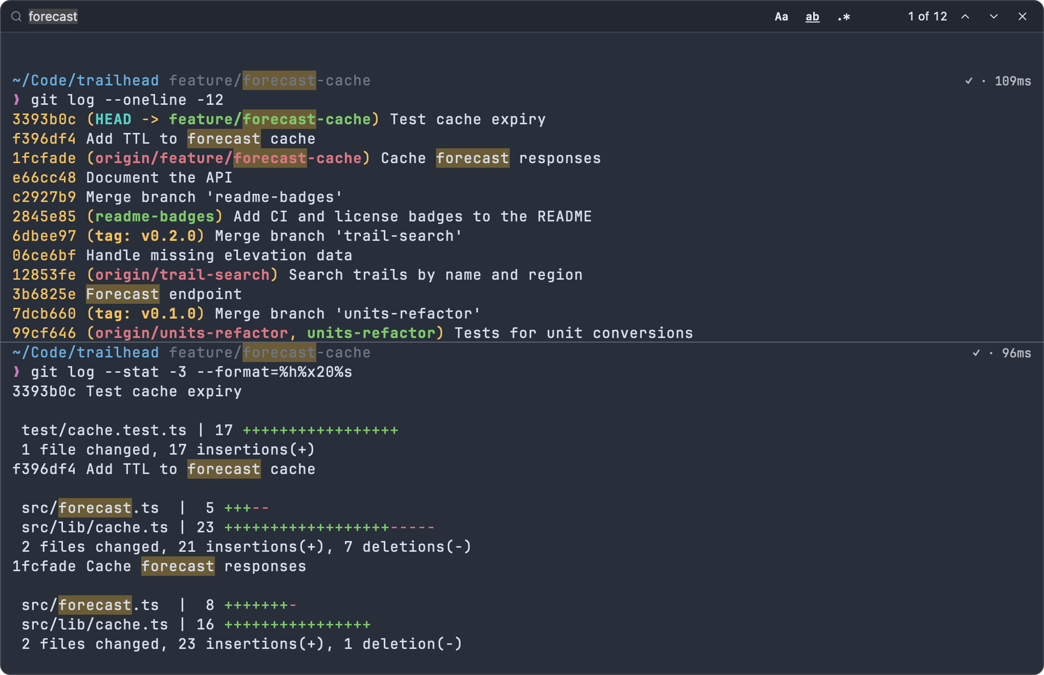 The terminal find bar searching for "forecast", with its match count and the Match case, Whole word and Regular expression toggles