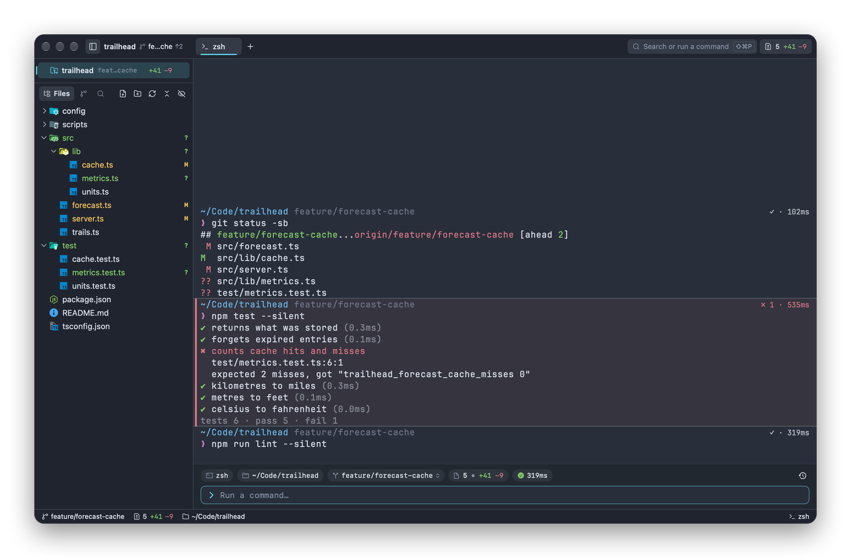 A terminal in the trailhead workspace: command blocks for git status, npm test (failed) and npm run lint, with the input bar and its context chips below