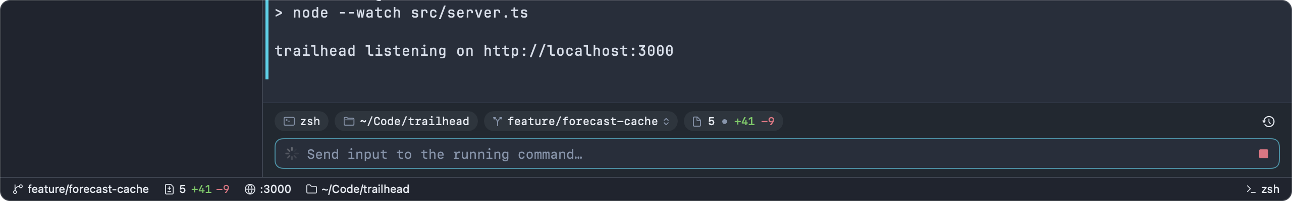 The input bar while npm run dev runs, with the Stop button, and the status bar showing :3000